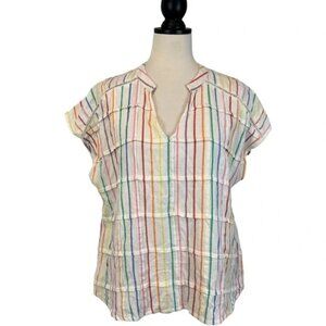 THML Multicolor Stripe Cotton Blouse Cap Sleeve Ivory Split V-Neck, Size S